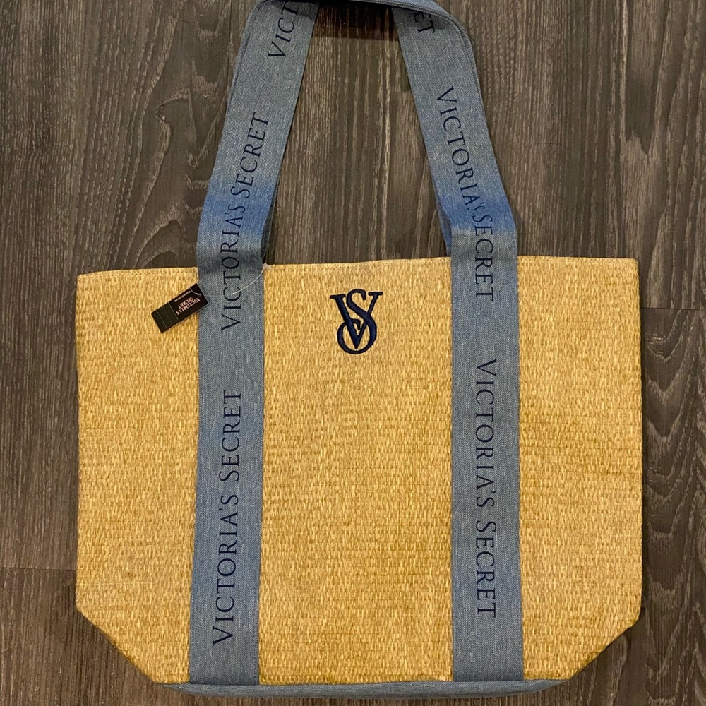 NWT Victoria's Secret Tan Straw and Blue Denim Tote Bag